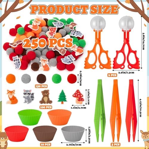 EZdhuawuse Woodland Animals Sensory Bin Fillers - 266Pcs Summer Animals Fine Motor Toys Sorting Stacking Toys for Kids, Felt Fox Bear Pom Poms Cup Clip for Preschool Education Development Activity - Image 2