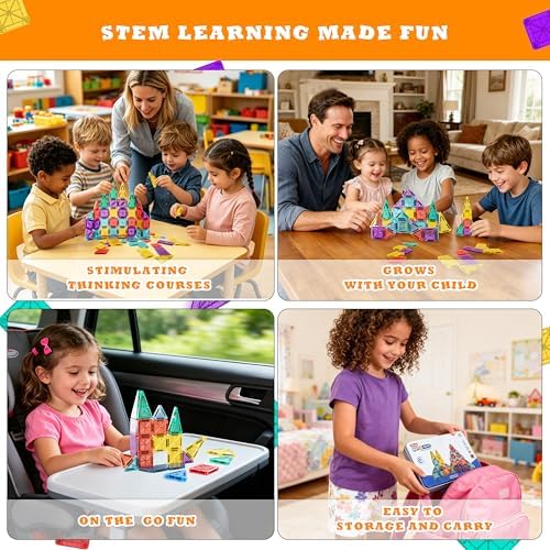 Mini Magnetic Tiles for Kids 43PCS Magnet Tiles Building Travel Toys for Toddlers Magnetiles with Case & Cars STEM Magnets Construction Tile Toy Set Ages 3-6 Boys Girls - Image 4