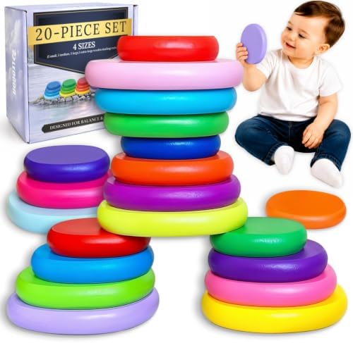 LEOGOR Extra-Large Wooden Stacking Rocks (20 PCS) – Montessori Balancing Stones for Toddlers 1-3 – Safe Sensory Open Ended Play Toys & STEM Building Blocks for Boys & Girls by LEOGOR