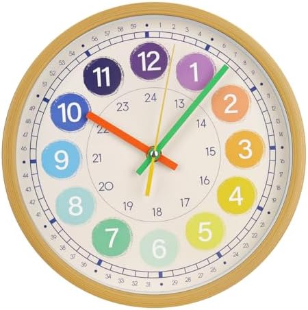 Kids Wall Clock Telling Time Silent Non-Ticking Learning Clock Colorful Teaching Wall Clocks Round Plastic Analog Educational Decor Clock for Classroom, Playroom, Bedroom (EDU3-Wood, 10 inch) by BAKBRAND