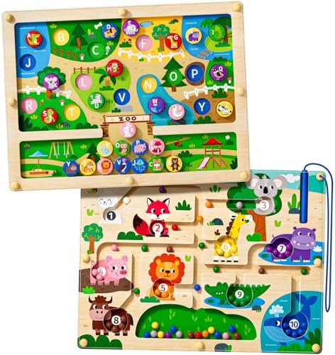 Magnetic Maze 2 in 1 Double Side Color and Number Maze Alphabet Puzzle Board for 3-5 Boys and Girls Kids Montessori Educational Toys (Zoo, One Size) by Unknown