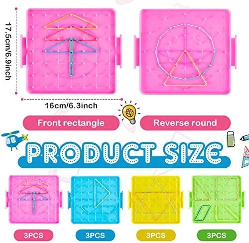 Deekin 12 Pcs Double Sided Geoboard Mathematical Kids Geoboards with Rubber Bands Math Manipulatives Toy for Geometry, 6.9 x 6.3 Inches Classroom Back to School - Image 2