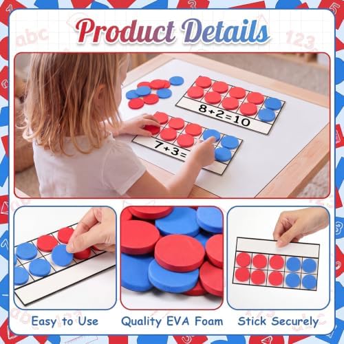 Ireer 40 Sets Bulk Magnetic Ten Frames for Classroom 400 Magnetic Math Counters and 40 Boards Kindergarten Classroom Must Haves Math Manipulatives for Home Prek Preschool Elementary(Red Blue) - Image 3