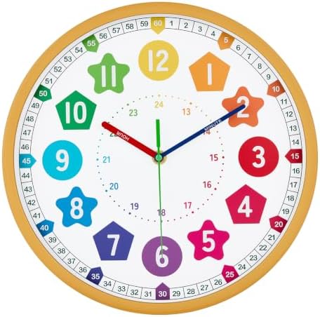 HZDHCLH Kids Wall Clock for Learning to Tell Time 8 Inch Silent Non Ticking Analog Clock with Colorful Shape Numbers Battery Operated Educational Clock for Classroom, Bedroom,Homeschool(Wood Grain) by HZDHCLH