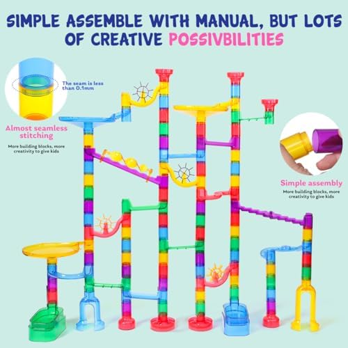 Meland Marble Run - 208Pcs Marble Maze Game Building Toy for Kids, Marble Track Race Set & STEM Learning Toy Gift for Boy Girl Age 4 5 6 7 8 9+(142 Pcs + 60 Glass + 5 Led Lighted Marbles) - Image 4