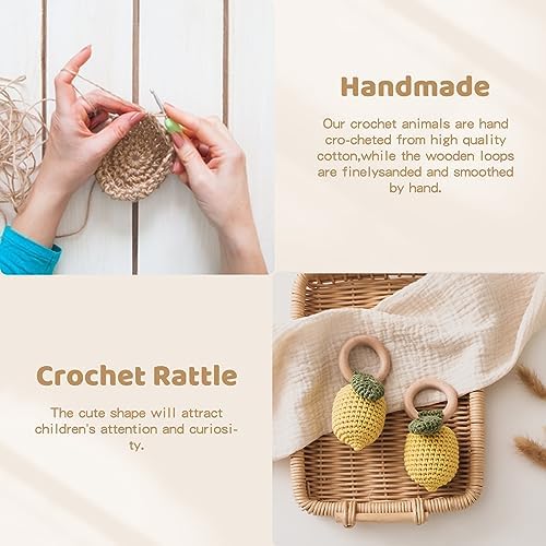 WOODEN TEETHER Crochet Baby Rattle, Crochet Baby Toys, Organic Wooden Newborn Toys, Newborn Animal Rattle Toys，Knitted Stuffed Animals Gifts for Baby, Lemon - Image 4