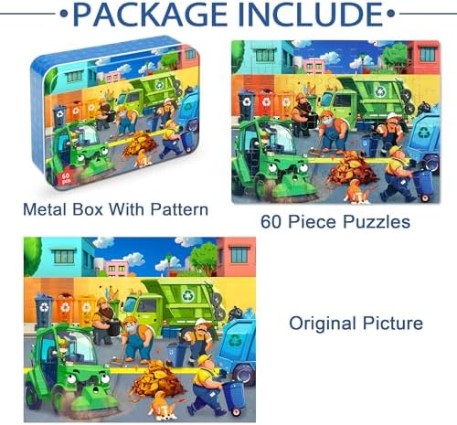 LELEMON Ocean Puzzles for Kids Ages 4-6,Recycling Garbage Truck 60 Piece Puzzles for Kids Ages 4-8,Children Jigsaw Puzzles in a Metal Box,Educational Learning Puzzle Toys for Girls and Boys - Image 6