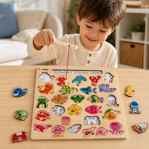 NASHRIO Magnetic Wooden Alphabet Fishing Game for Kids Ages 3-5, ABC Letter Puzzle Board with 26 Sea Animal Pieces, Preschool Learning Fine Motor Toy for Boys Girls 3 4 5 - Image 6