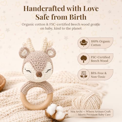 Néa Archí Crochet Baby Rattle, Organic Cotton & Beech Wood, Deer - Image 2