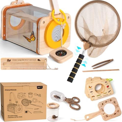Bug Catching Kit for Kids Ages 3-14, 11PCS Wooden Nature Explorer Set with Butterfly Net, Bug Habitat, Magnifying Glass and Outdoor Insect Tools, Catch-and-Release STEM Educational Toy Gift by MounTova