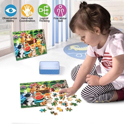 LELEMON Puzzles for Kids Ages 4-6,Dogs 100 Piece Puzzles for Kids Ages 4-8 in a Metal Box,Educational Jigsaw Puzzles 100 Piece Puzzle Games Puzzle Toys for Girls and Boys - Image 3
