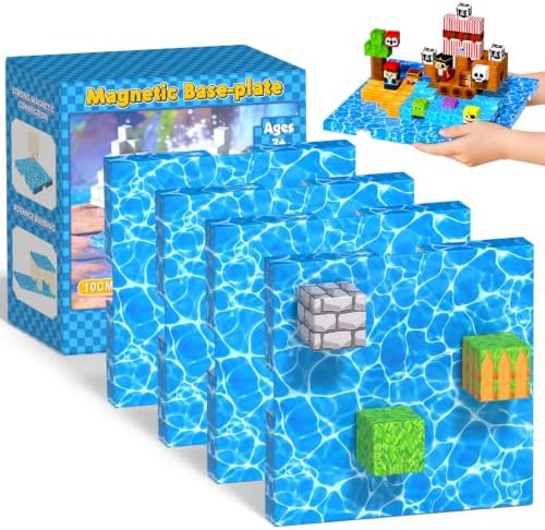 4PCS Magnetic Blocks Base Plates for Kids, 4" x 4" Strong Grip Base (Water) by BuildCreateExplore