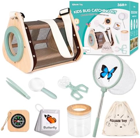 Bug Catcher for Kids, Wooden Bug Catching Outdoor Toys for Ages 4-8, STEM Explorer Activities with Butterfly Net Magnifying Glass Tweezers Insect Habitat Observation Cup Storage Bag Learning Cards by Unknown
