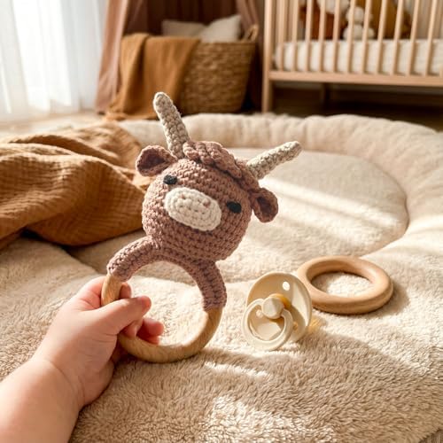 Wooden Baby Rattle for Boys and Girls, Crochet Stuffed Animal for Newborn, 3 4 5 6 Month Toys, Highland Cow - Image 2