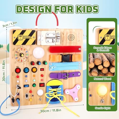 23-in-1 Montessori Busy Board with LED Lights Educational Wooden Activity Toy for Toddlers Ages 1-3, Travel Sensory Board with Switches Locks Music Box Fine Motor Skills Learning Toy for Boys Girls - Image 4