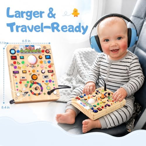 Busy Board with LED Light Switches, Montessori Toys for 1 2 3 Years Old, Toddlers Wooden Toy Sensory Activity Board, Travel Toys for 1+ Year Old Boy & Girl Birthday Gift (School 19 Switches) - Image 5