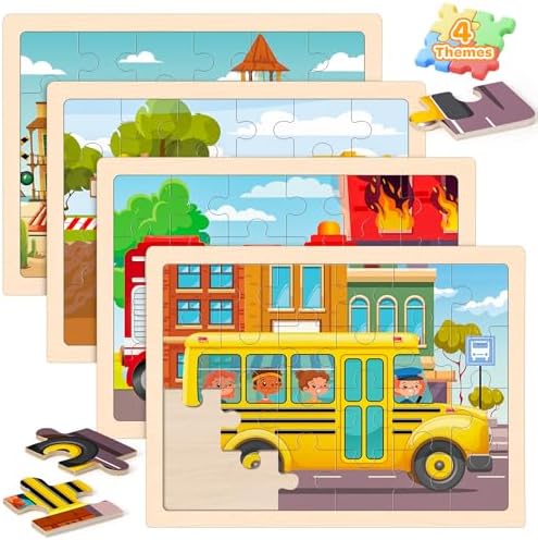 Puzzles for Kids Ages 4-6, 4 Packs 24 Pcs Wooden Jigsaw Puzzles for Toddlers Ages 2-4, Preschool Educational Vehicle Puzzle Toys Gifts for 3 4 5 6 Boys Girls by Duchong