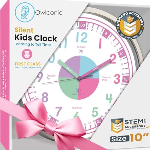OWLCONIC Pink Wall Clock - Learning Clock for Girls, Silent 10in Homeschool by OWLCONIC