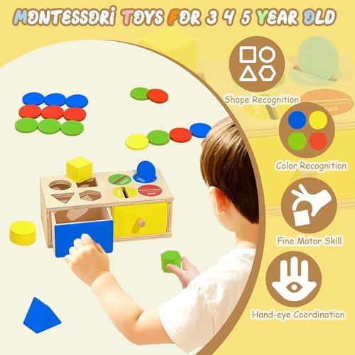 Biottro Wooden Montessori Toys for 3 4 5 Year Old, 2-in-1 Shape Sorter & Coin Drop Box Toy with Drawers Math Counting Color Sorting Game Preschool Educational Sensory Toy Gift for Kids Boys Girls - Image 5