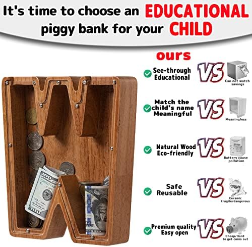 Personalized Large Wooden Kids Letter Piggy Bank - (Laser Engraved) Custom Piggy Bank for Boys Girls - Wooden Banks with Initials - Alphabet Money Box Bank Birthday Letter W Bank - Image 4