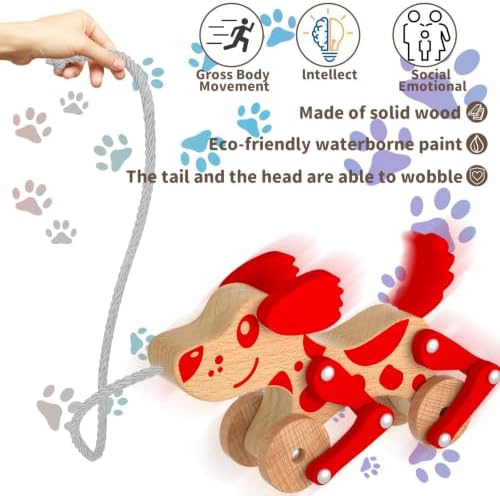 Wooden Pull Along Toy for Toddlers, Montessori Walking Pull Dog Toy (Red) - Image 3
