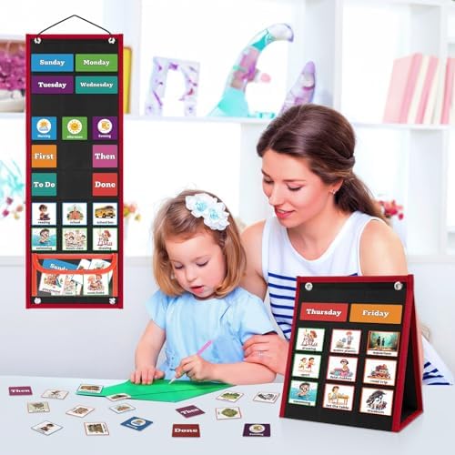 PITCOTT Visual Schedule for Kids Chore Chart，2 in 1 Daily Schedule Board Routine Pocket Chart Cards for Toddlers,Autism Learning Materials Tool Wall Planner for Home School with 103 Cards （Black） - Image 5