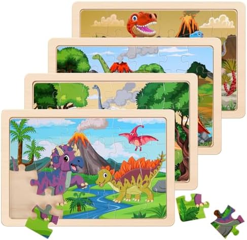 Wooden Puzzles Dinosaur Toys for Kids Ages 3-5, Set of 4 Packs with 20-Piece Wood Jigsaw Puzzles, Preschool Educational Brain Teaser Boards for Boys and Girls 3 4 5 6 Years Old by NASHRIO