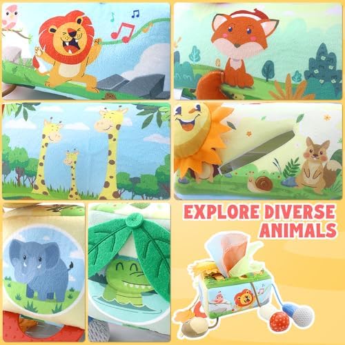 Caterbee Baby Tissue Box Toy with Hanging Hook, Sensory Pull Out Fabric Tissues, Rattle & Teether, Montessori Hanging Toy for Stroller, Car Seat & Crib,Montessori Sensory Toy for Infants (Forest) - Image 5