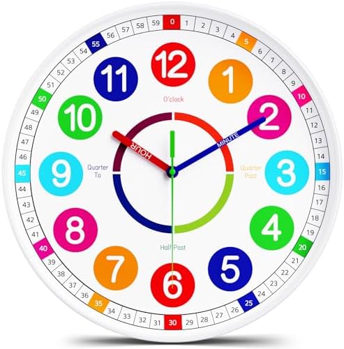Kids Wall Clock - Non-Ticking, Battery-Operated Time Teaching Clock for Kids, Ideal for Children’s Bedrooms, Playrooms, and Stylish Home Décor – White, 10 Inch by lanktoo