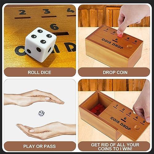 Juegoal Coin Drop Set, Pennies Dice Games, Wooden Tabletop Board Game Sets for 2-6 Player, Wood Penny Game Box Includes 48 Chips & 1 Dice - Image 5