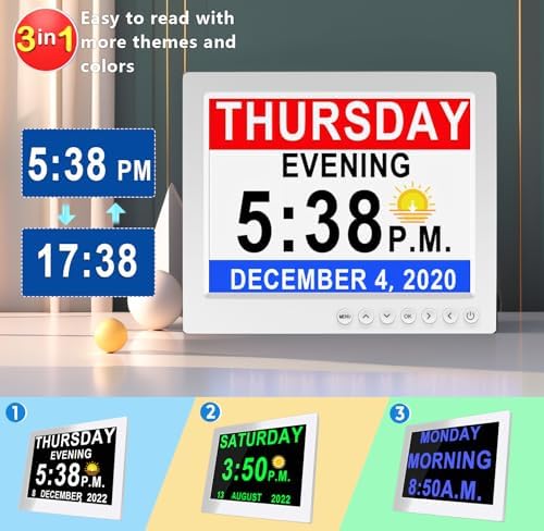 MASSII 8 Inch Extra Large Upgraded Dementia Clock 19 Alarms with Auto DST, 20 Custom Reminders,10-Level Auto Dimmer, 6 Display Modes, Digital Clock with Date and Time, 8" White with Remote - Image 3