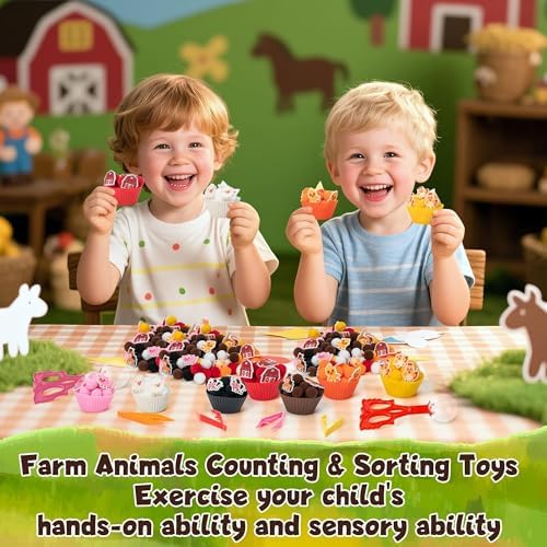 EZdhuawuse Farm Animals Sensory Bin Fillers - 301Pcs Summer Fine Motor Toys Sorting Stacking Toys for Kids, Felt Pig Horse Sheep Pom Poms Cup Clip for Preschool Education Early Development Activities - Image 3