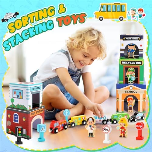 Baby Stacking Toys for Toddlers, Magnetic Wooden Cars & Garage Sorting Community Helpers Preschool Educational Learning Montessori Toys Birthday Gifts for Kids Number Blocks Nesting Boxes - Image 2