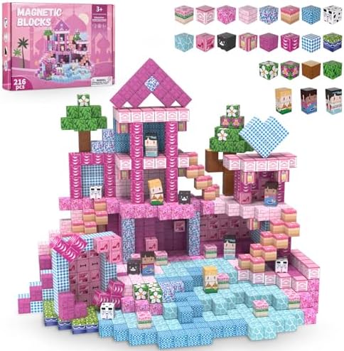ADAH 216PCS Magnetic Building Blocks for Girls, Pink Princess STEM Toys for Ages 4-8, Creative Educational Building Toys for 3-6 Year Olds, Magic Blocks for Kids by Unknown