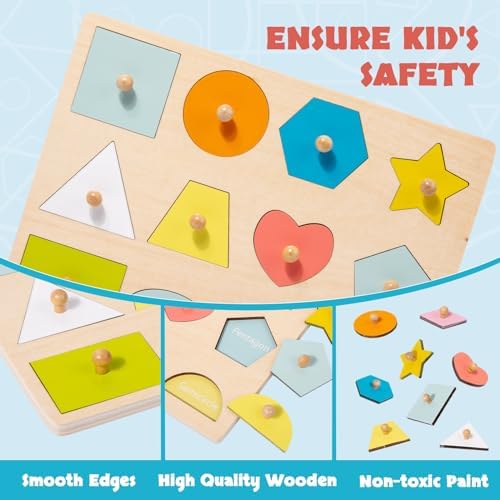 Montessori Toy for Babies 12-18 Months Wooden Shape Puzzles for Toddlers 1-3,Shape Peg Puzzles,Baby Puzzle 12-18-24 Months with Knob,Color & Shape Sorter for Toddlers(12 Geometric Shapes) - Image 6