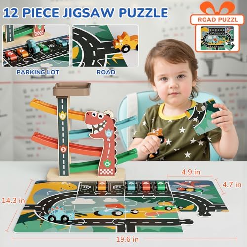 Montessori Car Ramp Toy for Children 18m+ Wooden Dinosaur Race Cars Track - Image 4