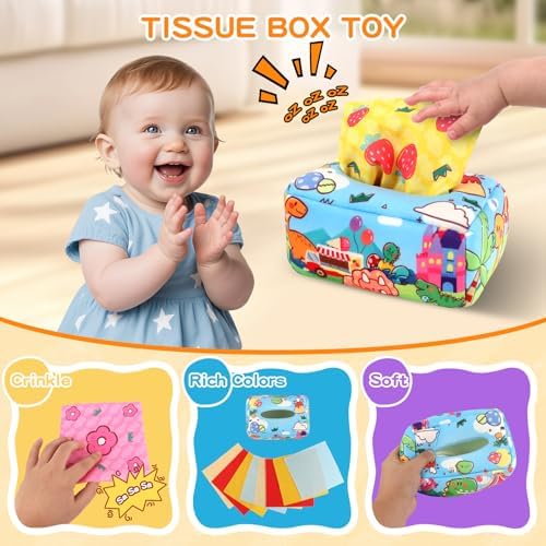 Montessori Toys for Babies 6-12 Months, 7 in 1 Wooden Educational Development Toys Sensory Learning Gift for Toddlers with Object Permanence Box, Emotion Learning Mirror, Tissue Box,Rainmaker and More - Image 6