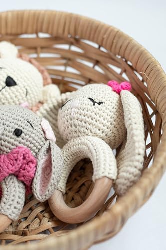 Wooden Baby Rattle - Bunny - Newborn - Crochet - Cream, White, Pink - Image 7