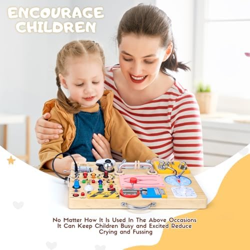 Busy Board with 13 LED Light Switches and 12 Activity, Montessori Toys for Toddlers, Wooden Toy Sensory Activity Board, Travel Toys for 1+ Year Old Boy & Girl Birthday Gift (25 in 1 Busy Board) - Image 6