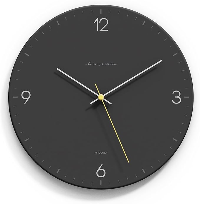 mooas Flatwood Wall Clock,12" Non-Ticking Sweep Movement (Simple Black) by mooas