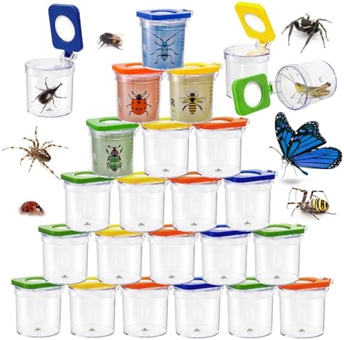 ZOOFOX 24 Pack Insect Bug Viewer, Catcher Bug Magnifying Insert Box with Colored Lids, Insect Cage Container for Science Nature Exploration Tool by zoofox