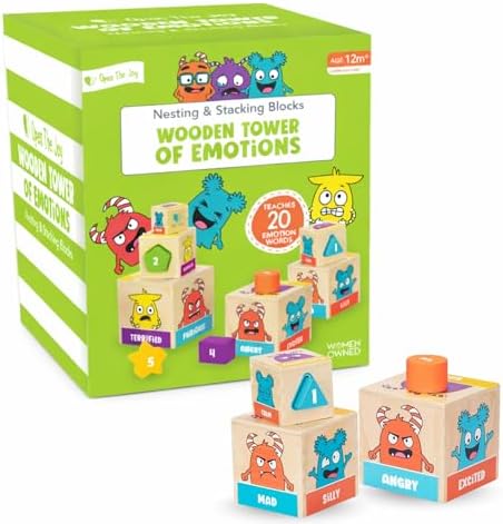 Open The Joy Wooden Tower of Emotions – Stacking Emotional Learning Toy for Toddlers | 5 Emotion Face Blocks + 5 Shape Sorting Blocks | Montessori Toy for Early Development | Ages 12 Months+ - Image 2