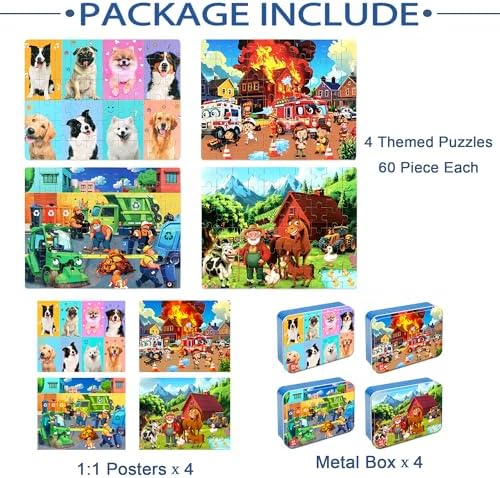 LELEMON Puzzles for Kids Ages 4-6,4-Pack Dogs Fire Fighting Garbage Truck Farm 60 Piece Puzzles for Kids Ages 4-8 in a Metal Box,Educational Jigsaw Puzzles Puzzle Games Puzzle Toys for Girls and Boys - Image 7