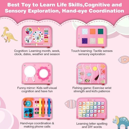 JHkim Busy Board, Sensory Board Travel Toys Gifts for Girls Boys, Montessori Toys to Learn Fine Motor Skills, Educational Activities Busy Book for Airplane Car (Pink) - Image 2