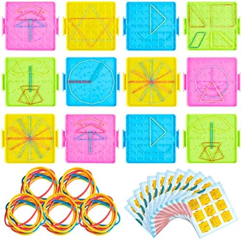 Deekin 50 Pcs Double Sided Geoboard Mathematical Kids Geoboards with Rubber Bands Math Manipulatives Toy for Geometry, 6.9 x 6.3 Inches Classroom Back to School by DEEKIN