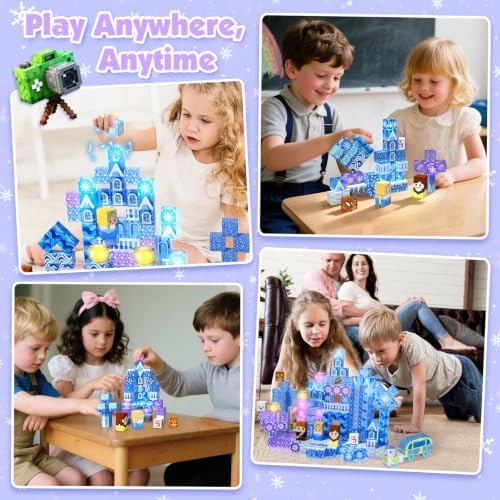 200 PCS Light Up Magnetic Blocks, Transparent Magnetic Building Block for Blue Snow Princess Castle, Frozen Magnet Cubes STEM Toys for Girls Age 3 4 5 6 7 8 9 10 11 12 13 Birthdays Gift for Kids - Image 5