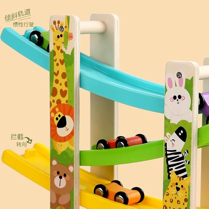 Wooden Car Ramp Toy for 1 2 3 Year Old Boys and Girls 4 Level Toddler Race Track with 8 Mini Cars Garage - Montessori Toys for 1-3 Year Old Christmas Birthday Gifts