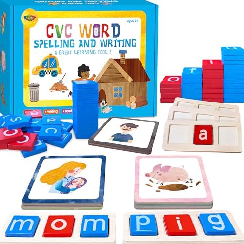 154 PCS Wooden CVC Word Spelling Game, Short Vowel Spelling Flashcards Sight Words Flash Cards Montessori Early Educational Toys for Preschool Kindergarten (5 Dry Erase Marker Included) by SpriteGru