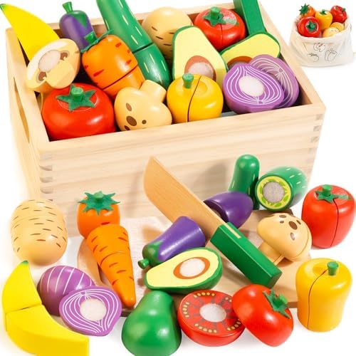 Wooden Play Food Set for Kids Kitchen, Cutting Veggies & Fruits Toy Set by WOODMAM