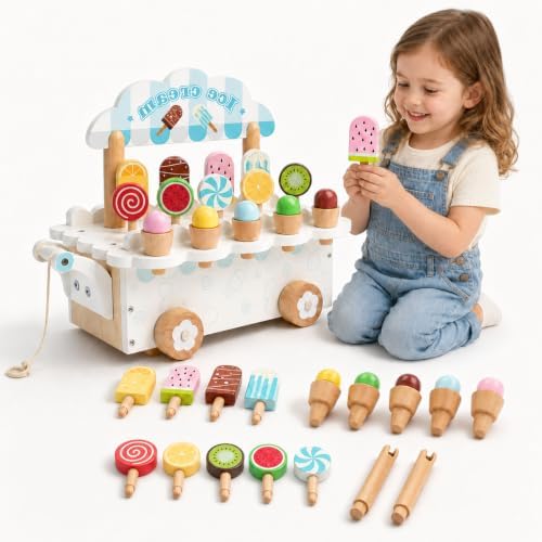 Wooden Ice Cream Cart Toy, Montessori Pretend Play Food Set with Popsicles, Lollipops & Ice Cream Cones, Pull Along Dessert Stand, Fine Motor Skills Gift for Toddlers Kids Ages 3+ by Safeandeducationaltoysfor